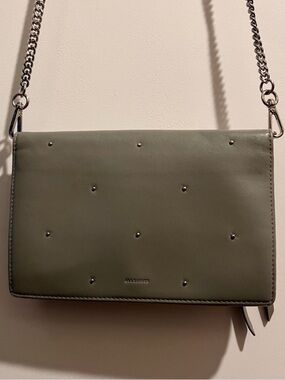 AllSaints Grey Leather Wallet on Chain Crossbody Bag Studded Minimal